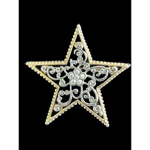 Vintage Gold And‎ Silver Tone Filigree Star With Rhinestones Brooch
